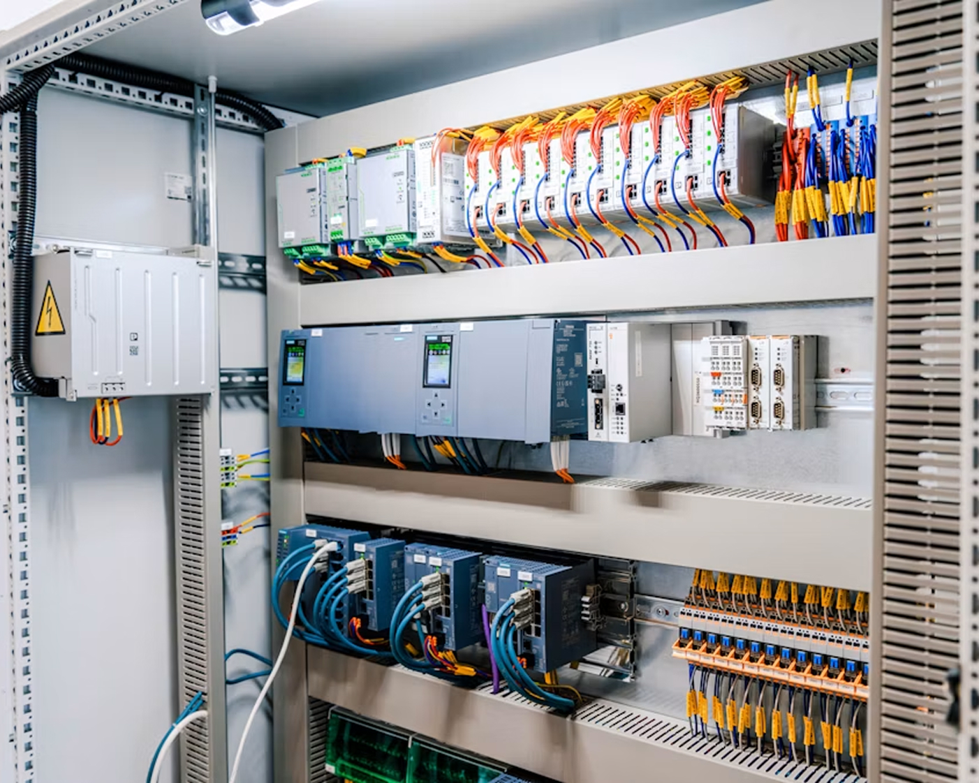 Industrial electrical switchgear panel with distribution boards and wiring