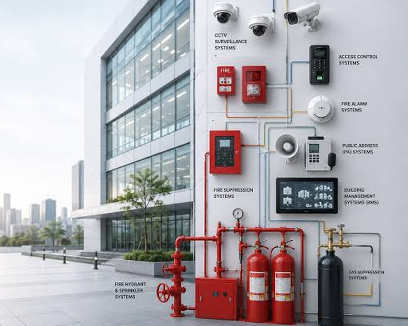 Fire safety and CCTV security solutions installed on a commercial building — cameras, access control, fire alarm and suppression systems
